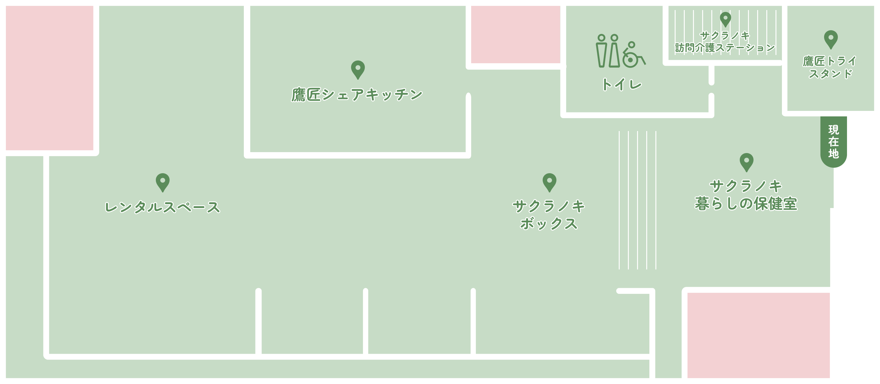 1F館内マップ。レンタルスペース・鷹匠シェアキッチン・サクラノキボックス・サクラノキ暮らしの保健室・鷹匠トライスタンド・サクラノキ訪問介護ステーション・トイレの配置図